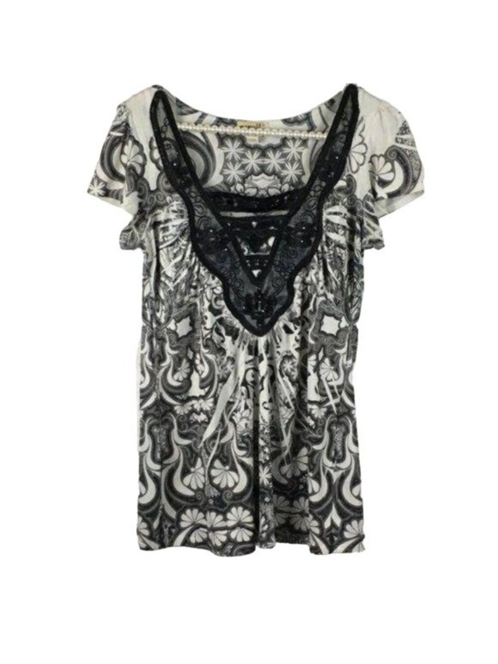 One World Black & White Paisley Lace V-Neck Top S - Picture 2 of 7